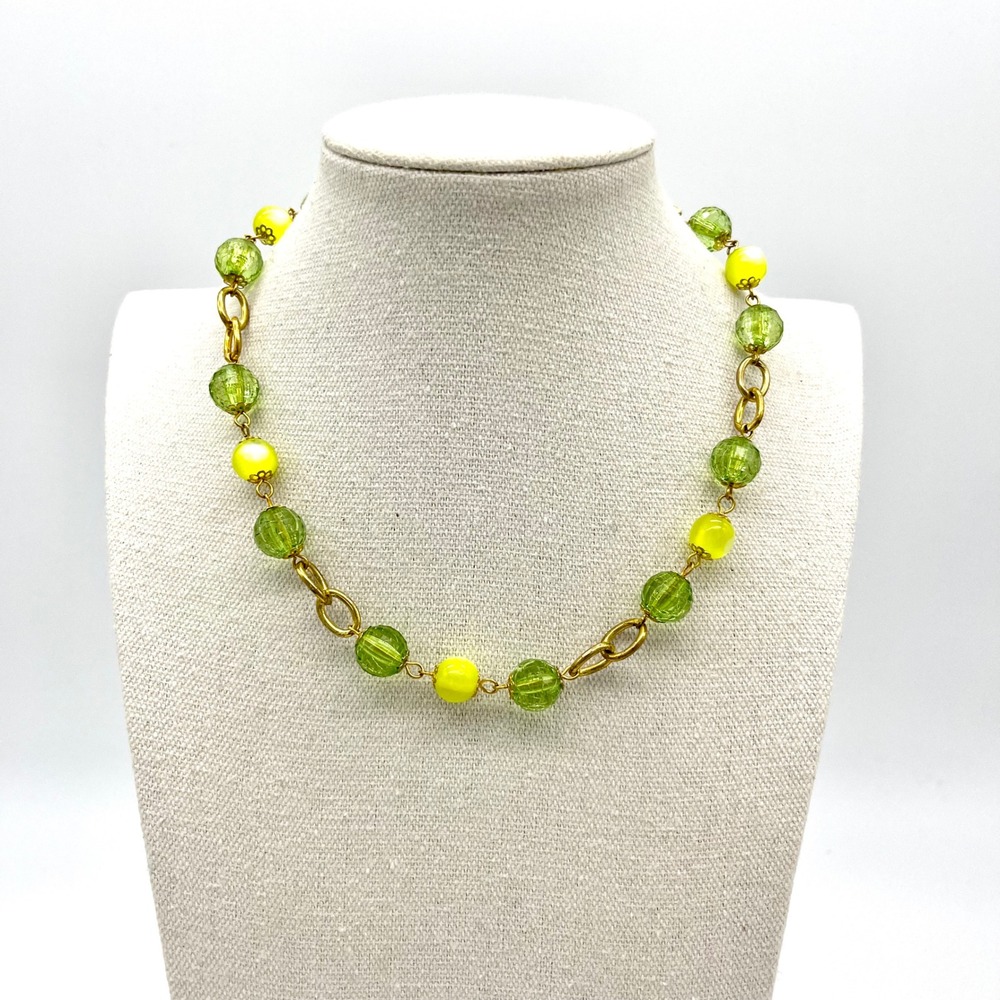 Green‎ Beaded Gold Tone Necklace Chunky Chain Statement Jewelry Adjustable